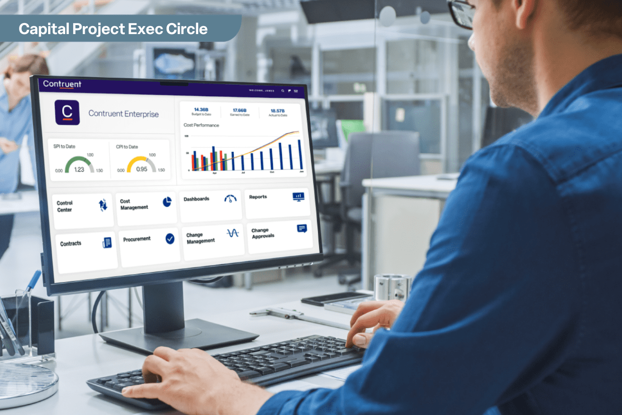 Project management professional analyzing EVM using Contruent Enterprise software.