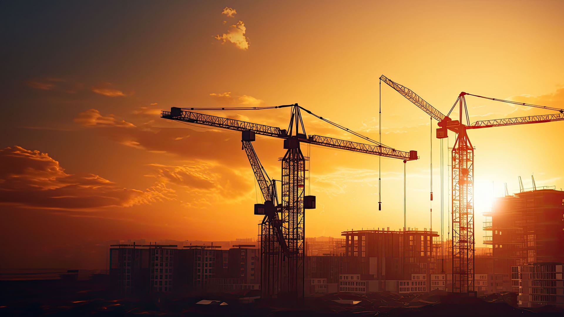 Sunrise with silhouetted cranes and buildings in industrial construction ARES PRISM
